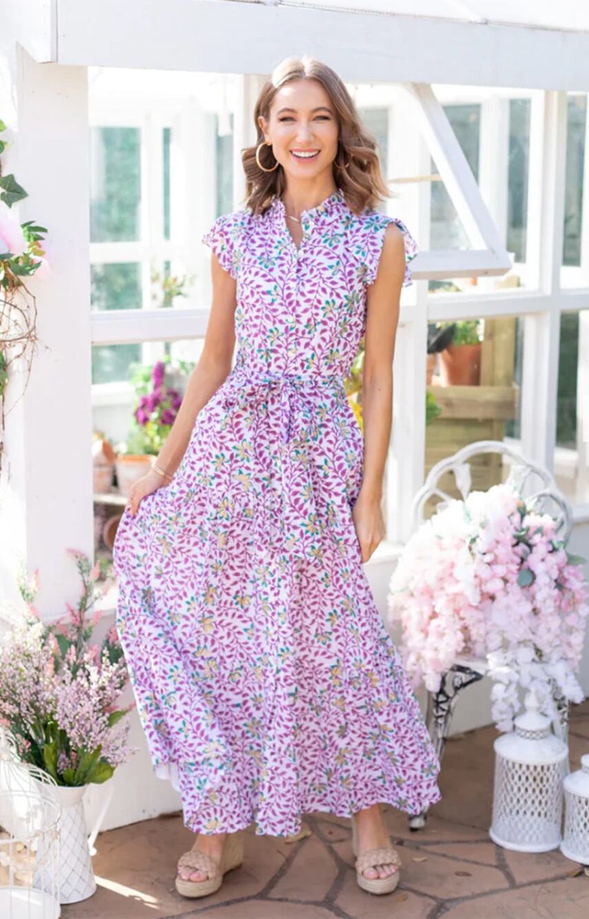 OLIPHANT Tuckernuck Ruffle Collar Button Maxi Dress Tie Waist Block Print L